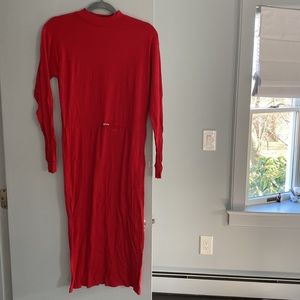 Zara Red Ribbed Mock Neck Midi Pencil Dress, size small, drawstring softstretchy